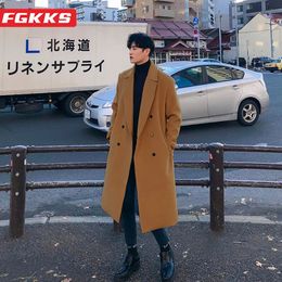 Men's Wool Blends FGKKS 2023 Outdoor Casual Tweed Coat Men Korean Version Over The Knee Slim Trench High Quality Design 230927