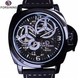 Forsining Full Black watch Skeleton Case Windmill Designer Suede Strap Military Watch Men Watch Top Brand Luxury Automatic Wrist W258J