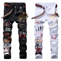 Mens Jeans High Street Fashion Night Club Black White Colour Personal Designer Printed Men Punk Pants Skinny Hip Hop 230927