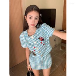 Work Dresses Swee Girl Suit Women's Summer Blue White Plaid Collarless Embroidered Short-sleeved Top High Waist Short Skirt Two-piece Set