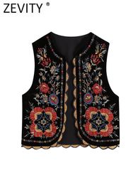 Kvinnors västar zevity kvinnor vintage paljetter blomma broderi väst jacka damer nationell stil lapptäcke casual sammet waistcoat topps ct2978 230927