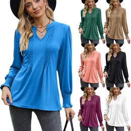 Women's T-Shirt Women's Spring and Autumn Long Sleeved Top Solid Pleated V-neck Bubble Sleeve Pullover T-shirt 230927