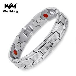 WelMag Fashion Bracelet Men Magnetic Bio Energy Stainless Steel Wide Silver Cuff Bracelets Homme Healing Jewelry Christmas Gifts2875