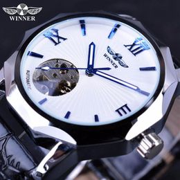 Winner Blue Ocean Geometry Design Transparent Skeleton Dial Men Watch Top Brand Luxury Automatic Fashion Mechanical Watch Clock294g