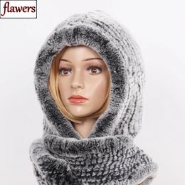 Scarves 2023 Winter Women Real Fur HatScarves Female Knitted Natural Rex Rabbit Hooded Warm Knit Genuine Caps Scarf 230927