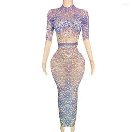 Stage Wear Luxurious Rhinestones Mesh Transparent Long Sleeve Dress For Women Sexy Birthday Celebrate Evening Prom Dresses