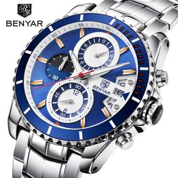 BENYAR Fashion Business Dress Mens Watches Top Brand Luxury Chronograph Full Steel Waterproof Quartz Clock Support Drop301m