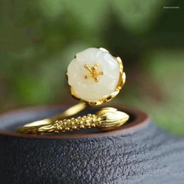 Cluster Rings Ancient Gold Craftsmanship Natural Hetian White Jade Flower Plant Flowering Adjustable Ring Chinese Style Charm Women's