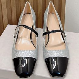 Dress Shoes Spenneooy Summer Fashion Silver Colour Glitter Kitten Heels Women's Round Toe Shallow Mouth Pearl Buckle Strap