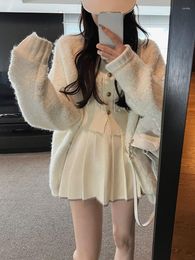 Work Dresses Sweet 2 Piece Skirt Set Women Casual Long Sleeve Knitted Suits Korean Style Cardigan Slim Y2k Mini Outwear 2023 Autumn