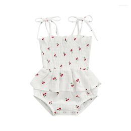 Rompers Infants Baby Girls Sweet Romper Tie-up Spaghetti Straps Cherries Printed Ruffle Short Jumpsuit