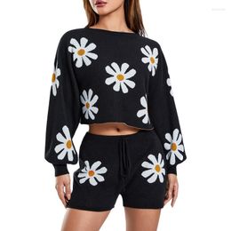 Women's Tracksuits Women Knit Sweater Shorts Sets Spring Autumn Clothes Floral Long Sleeve Tops And Outfits Female Clothing Y2k Streetwear