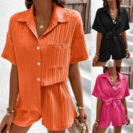 Women's Tracksuits Women Short Sleeve Shirts & Shorts Set Elegant Lapel Blouses Drawstring Comfy Solid Color Slim Fit Summer Casual