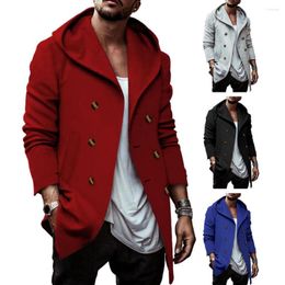 Men's Trench Coats Men Winter Coat Stylish Double-breasted Hooded Mid Length Solid Colour Soft Warm Cardigan Jacket With For Fall/winter