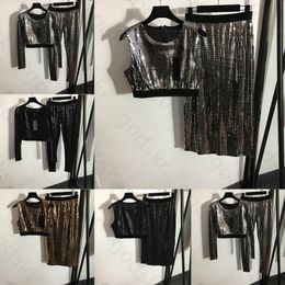 Sexy Sequin Vest Skirt Tops Leggings Women Fashion Camisole Elastic Waist Half Skirt Long Sleeved Slim Sports Shirt Higt Waist Stretch Pants