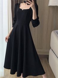 Casual Dresses Women Autumn Elegant Black Midi Dress French Style Vintage A-line Evening Prom Vestidos 2023 Square Collar Robe Clothing
