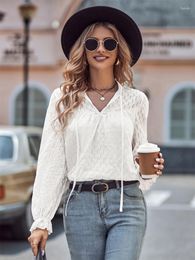 Women's Blouses Fashion Women Solid Colour Jacquard Blouse Hollow Out Design See Through V-Neck Long Sleeve Autumn Slim Pullovers Top