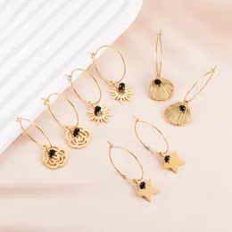 Hoop Earrings Simply Stainless Steel For Women Flower Star Sun Charms With Black Crystal Bead Fashion Earring Jewelry