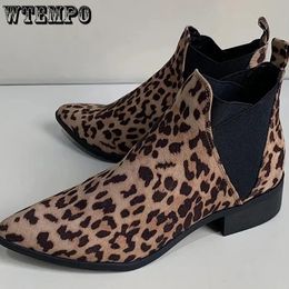 Boots WTEMPO Pointed Toe Leopard Print Short Boot Fashion Casual Soft Single Boots Low Thick Heel Non Slip Commuting Boots 230928