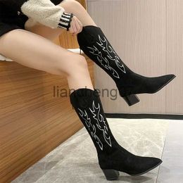 Boots Retro Embossed Women Boots Pointed Toe Western Cowboy Boots Women Knee-High Boots Chunky Wedges Winter Faux Suede Botas x0928