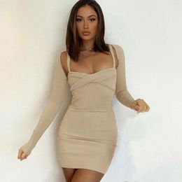 Casual Dresses Women Elegant Dress Close-fitting Two-piece Clothes Set Khaki Solid Colour Slip And Bolero Autumn Winter Vestidos