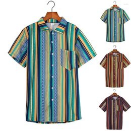 Men's Casual Shirts Print Sleeve Mens Ethnic Printed Stand Collar Colourful Stripe Short Loose Henley Shirt Under 15