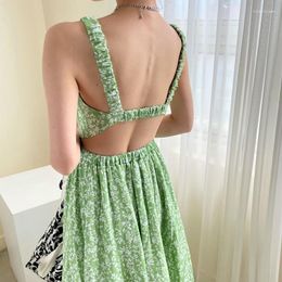 Casual Dresses Floral Woman Dress Summer 2023 Sexy Party Backless Print Elegant Korean Style High Waist Robe 15523