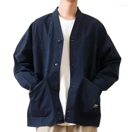 Men's Jackets Cotton Men Multi-Pockets Chore Jacket Cargo Style Turn Down Collar V-Neck Navy Blue Casual Mens Coat Spring Autumn
