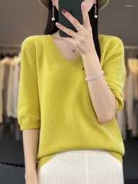 Women's Sweaters Summer Thin Casual V-neck T-shirt For Women Merino Wool Short-sleeves Solid Pullover Sweater Female Basic Clohing Tops