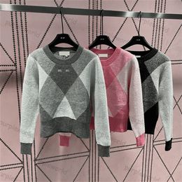 Knit Womens Casual Diamond Check Color Letter Embroidery Design Round Neck Pullover Casual 3 Color Sweater Top
