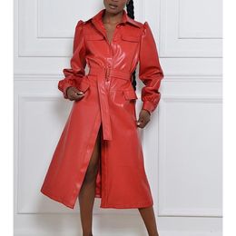 Women's Leather Faux Leather Women Faux Leather Trench Coat Puff Sleeve Lace Up Waist Long Outerwear Lapel Collar Biker High Street Vintage Casual Coat 230927