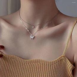 Pendant Necklaces Shiny Butterfly Necklace Exquisite Double Layer Clavicle Chain Jewelry For Ladies Gift Sweet Silver Color Korean