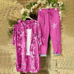 Women's Two Piece Pants 2 Pcs/Set Chic Collarless Women Set Flower Pattern Fitness Lightweight Shirt Open Stitch