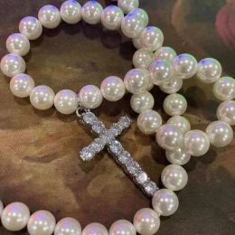 Vintage Pearl Cross Necklace for Men Crystal Cross Rhinestone Pendant Simply Pearl Beads Chokers Men's Necklaces Fashion Jewelry