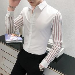 Men's Dress Shirts Men Lace Perspective Shirt Party Prom Hollow Patchwork Long Sleeve Tuxedo Nightclub Casual Social 230927