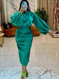 Basic Casual Dresses Long Sleeve Green Dresses Bodycon Elastic Satin Smocked Midi Dress Elegant Big Size Shiny Evening Christmas Party Church Outfits 230927