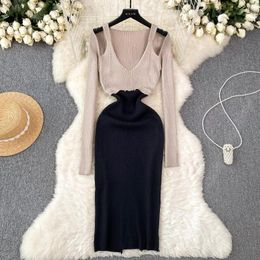 Casual Dresses Elegant Halter Long Sleeve Off Shoulder Knit Bodycon Hip Wrap Dress Slim Basic Fashion Sweater Vestido Sexy Women Clothing