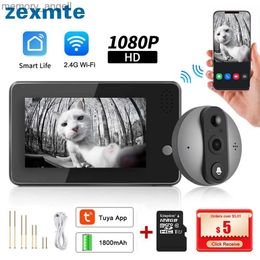 Doorbells Zexmte Tuya Doorbell Camera WIFI Waterproof Smart Home 1080P Video 4.3'' LCD Peephole Door Bell Night PIR Motion Outdoor Camera YQ230928