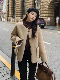 Women's Fur Autumn Winter Korean Faux Lamb Wools Short Coat Women Vintage Round Neck Long Sleeve Jacket Elegant Femme B35