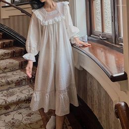 Women's Sleepwear Women French Square Collar Long Mid-Calf Nightdress Princess Vintage Full Puff Sleeves Cotton Nightgown Loose Nightie