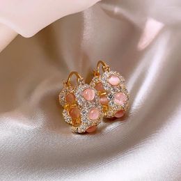 Hoop Earrings Korean Design Fashion Jewelry 14K Gold Plated Round Zircon Pink Opal Luxury Women's Party Accessories