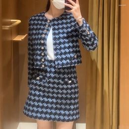 Work Dresses Women's Tweed Plaid Set Single Breasted Long Sleeve O-Neck Jacket Or High Waist A-Line Elegant Mini Skrit