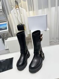 Luxuriöse lange Damenstiefel Montezu Tall Boot Italy Trendige Plateauschuhe Wasserdicht Schwarz Braunes Leder Doppelschnallen Designer Classic Winter Idea Longs Bootes Box EU 35-40