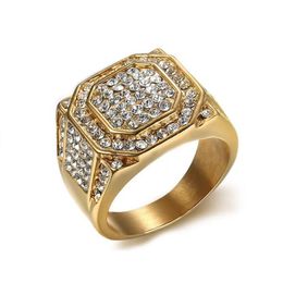 Fashion Men's Stainless steel Hip hop Jewelry Iced Out Bling Bling Full Rhinestone Crystal Square Ring Men220x