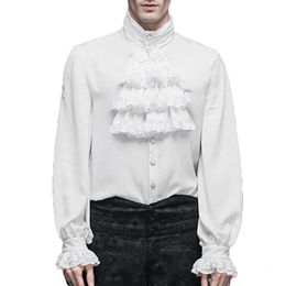 Men's Dress Shirts White Cotton Lace Ruffles Stand Collar Gothic Shirt Men Pirate Cosplay Clothes Anime Halloween Victorian Mediaeval Top 230927