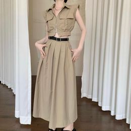 Work Dresses Summer Vintage Safari Style Slim Polo Collar Vest Top High Waist Half Long Skirt With Belt Two Piece Set For Women