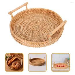 Dinnerware Sets Rattan Round Tray Serving Handles Trays Coffee Table Storage Boho Bathroom Woven Manual Wicker