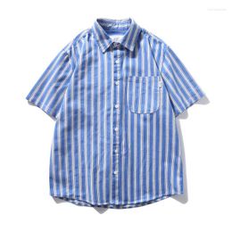 Men's Casual Shirts Blue Cotton White Stripe Shirt Men Japan Korean Streetwear Fashion Loose American Vintage Cargo Male