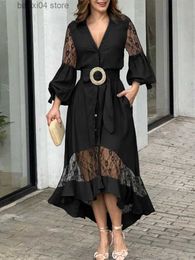 Basic Casual Dresses Contrast Lace Lantern Sleeve Belted Shirt Casual Maxi Dress Turn-down Collar Ruffles Button with Belt T230928