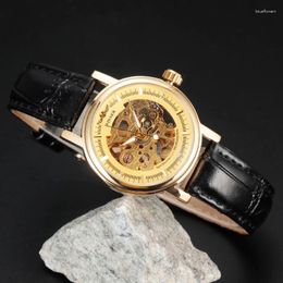 Wristwatches Women's Fashion Mechanical Golden Case Skeleton Automatic Dial Leather Strap Wrist Watch Classic Ladies Gift Clock